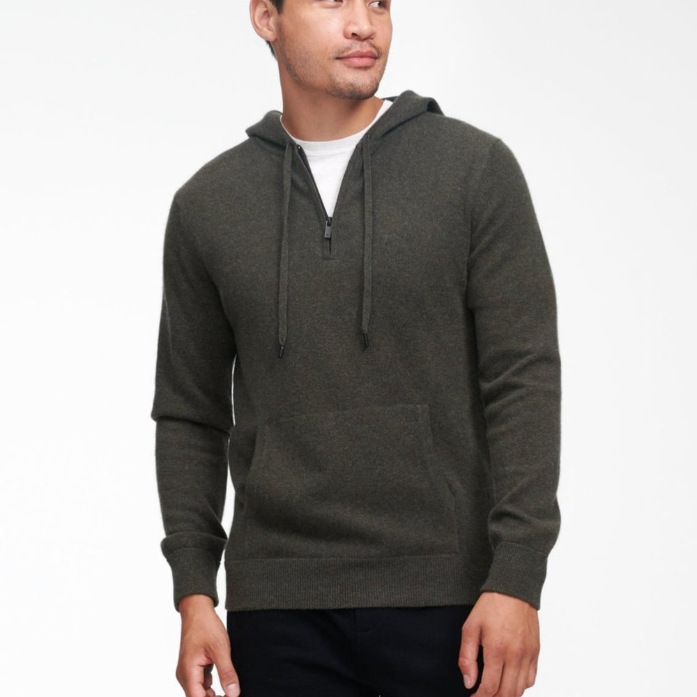 Olive Cashmere Quarter Zip Hoodie for Men from Naadam